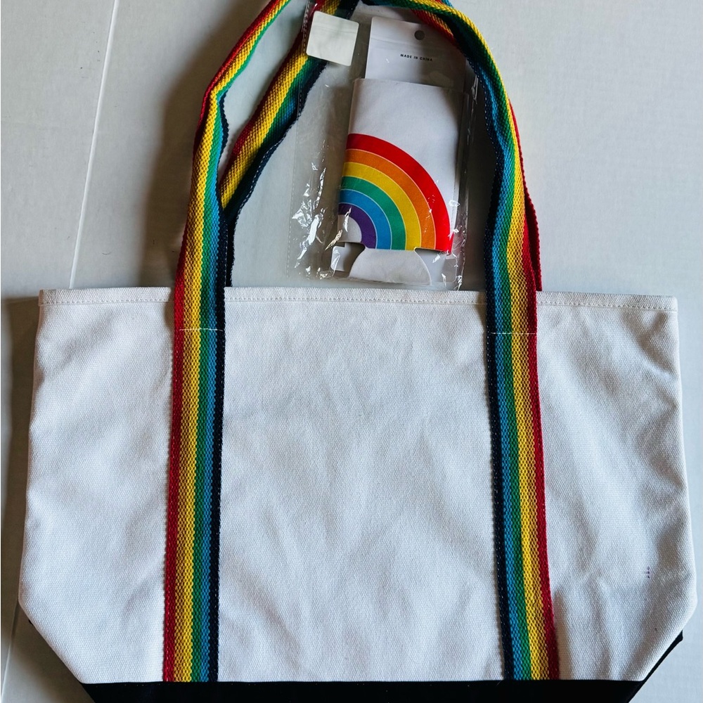💚💚💚 JEEP 2piece set:Love is Love White w/rainbow color straps CanvasTote Bag - Picture 3 of 8